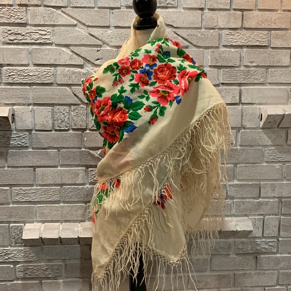 💙💛 Vintage Ukrainian Wool Scarf Khustka Floral 1980s 💙💛 - Picture 2 of 8